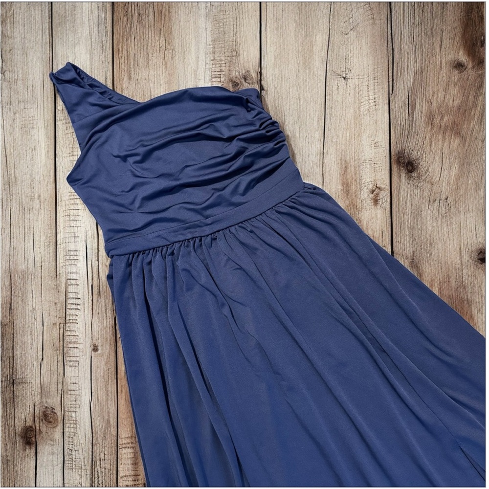 Navy Blue Womens One Shoulder High Split Sleeveless Ruched Maxi Bridesmaid Dress
